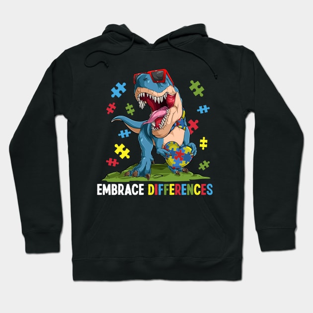 Embrace Differences Autism Awareness Dinosaur Puzzle Hoodie by peskyrubeus